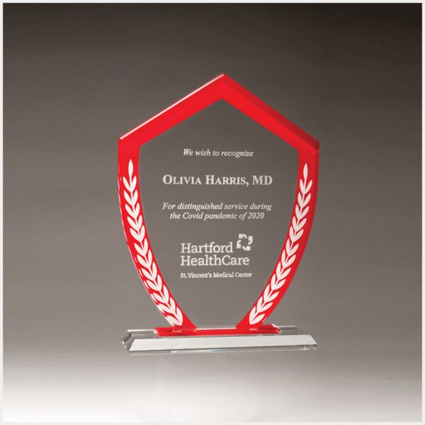 6 5/8" x 8 7/8" Shield Shaped Glass Award with Border and Laurel Leaves Thumbnail