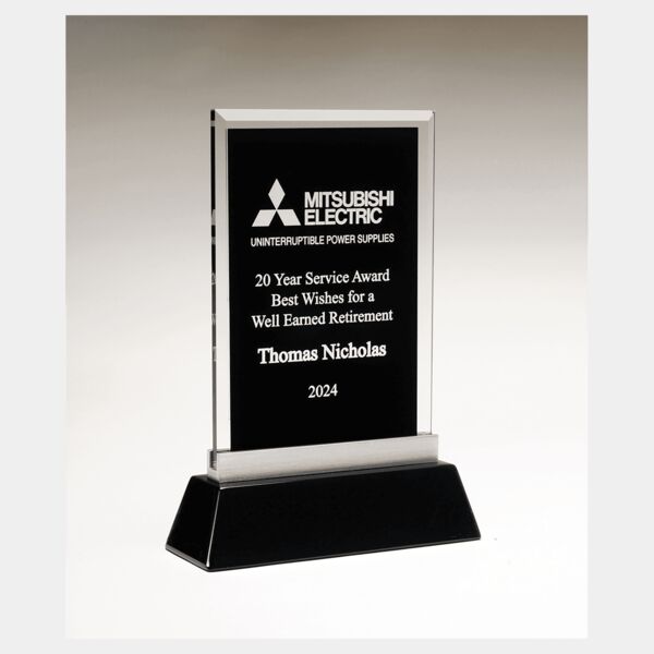 6 1/4" x 8 7/8" Rectangular Silkscreened Glass Award with Piano Finish Base Thumbnail
