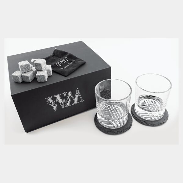 Lazerburst Whiskey Set with Two 9 oz. Glasses, Two 4" Slate Coasters, and Eight Granite Whiskey Stones with Velvet Bag Thumbnail