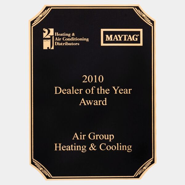 7" x 10" Laser Engravable Brass Plated Steel Plate with Notched Sunburst Design Corners, Border and Four Holes Thumbnail