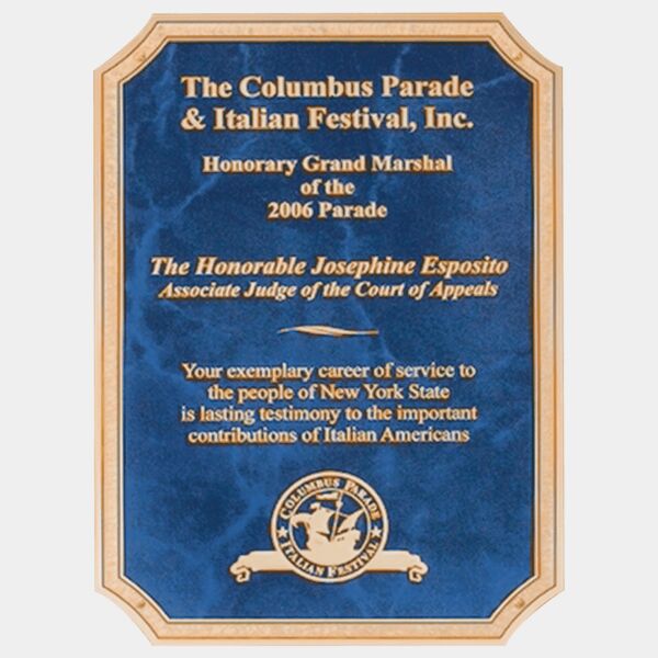 7" x 10" Sapphire Marble Brass Plated Steel Plate with Four Holes, Notched Corners, and Florentine Design Border Thumbnail