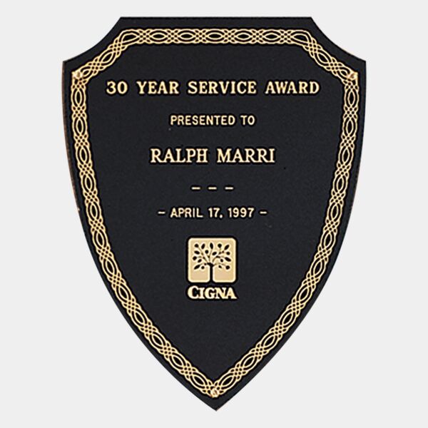 5 1/4" x 6 1/2" Laserable Brass Shield Plate with Design Border and Three Holes Thumbnail