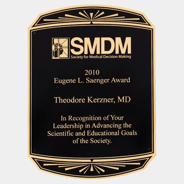 8 1/2" x 11" Laserable Brass Plated Steel Plate with Notched Corners and Rounded Top and Bottom with Starburst Design Thumbnail