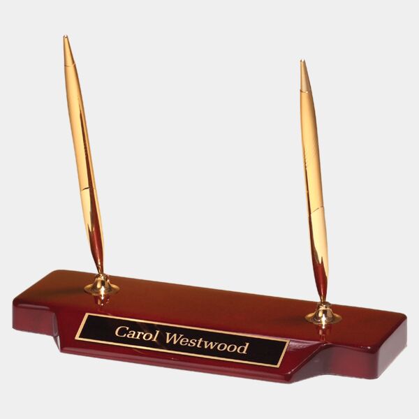 3 3/4" x 9" Double -Tone Pen Set on Piano Finish Base with Brass Plate Thumbnail